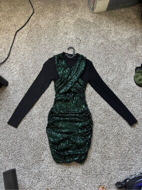 privy Black Long-Sleeve Dress with Emerald Green Sequins